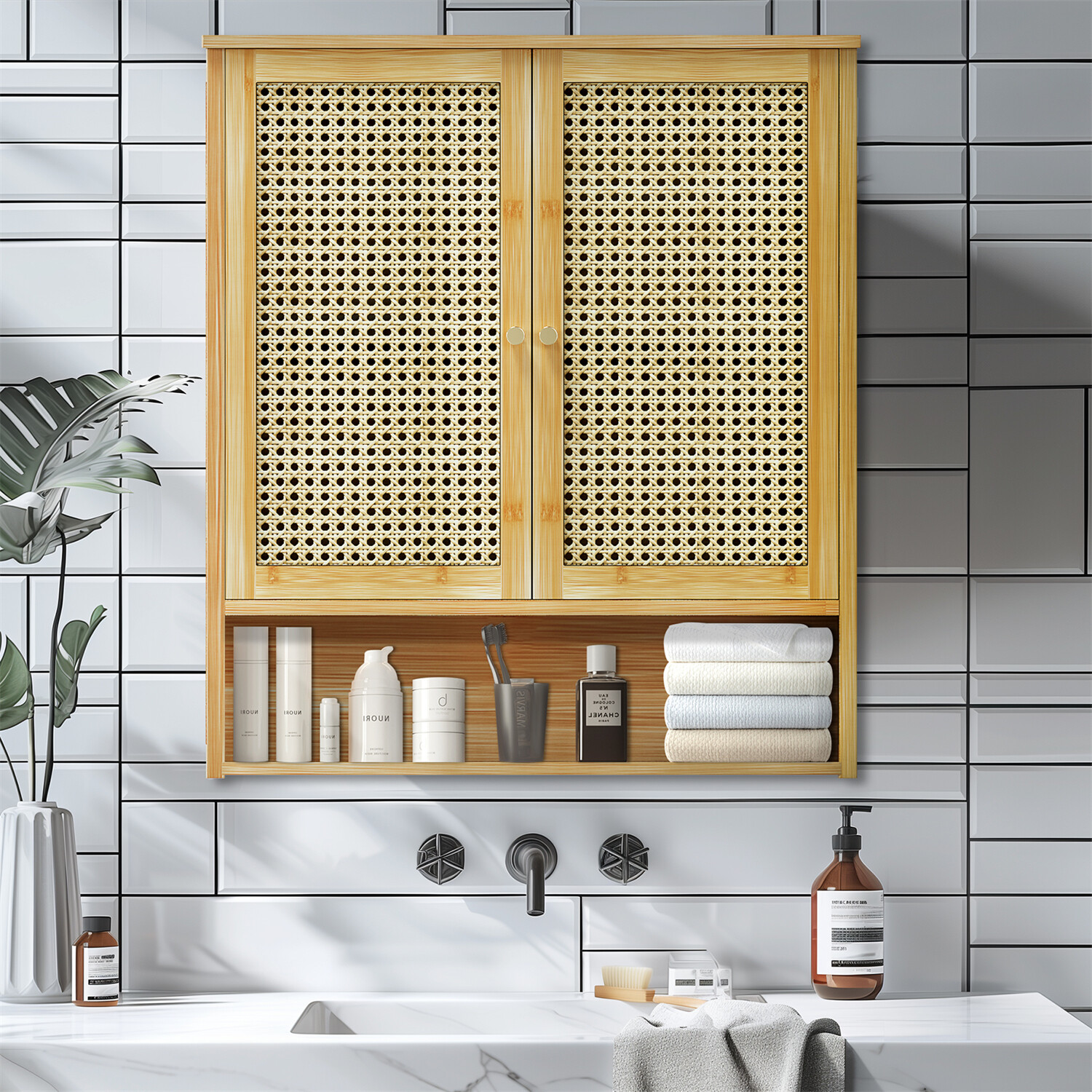 Bathroom Cabinet Wall Mounted, Bamboo Over-The-Toilet Storage Organizer 2 Door