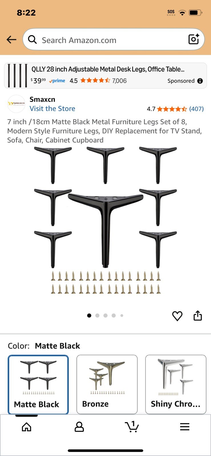 7 Inch/18 Cm Matt, Black Metal Furniture, Legs Set Of Eight