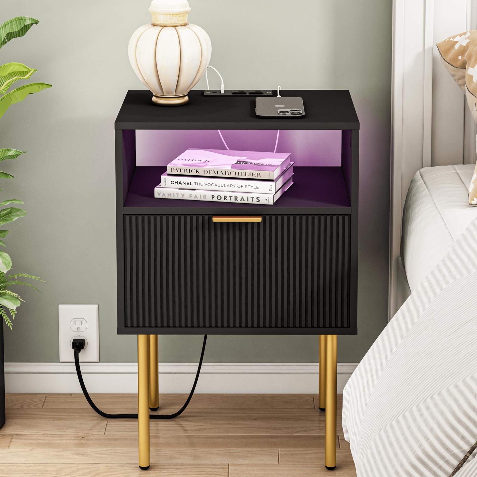 Modern Nightstand with Charging Station and LED Lights, Black Nightstand with…