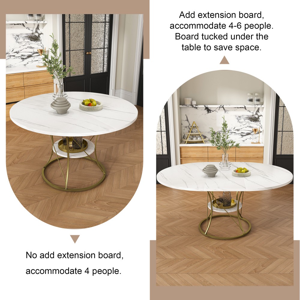 Round dining table, extendable, equipped with storage shelf and metal base