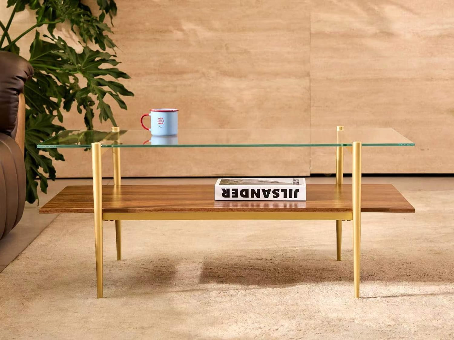 Rectangle Coffee Table, Mid-Century Modern Design, 2-Tier Structure, Clear Glass