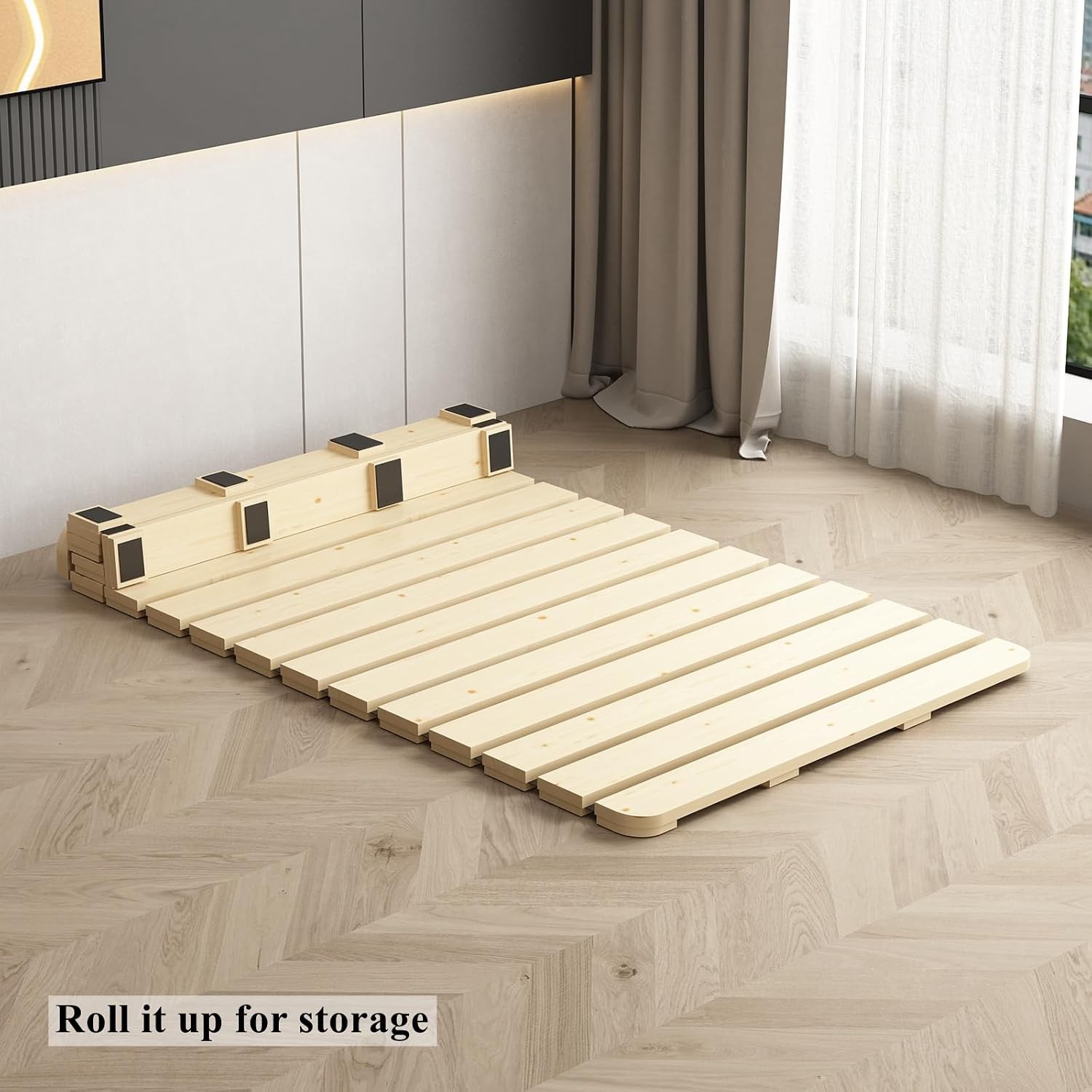 Foldable Floor Bed Frame, Breathable Wooden Roll-Up Slats Base for Japanese