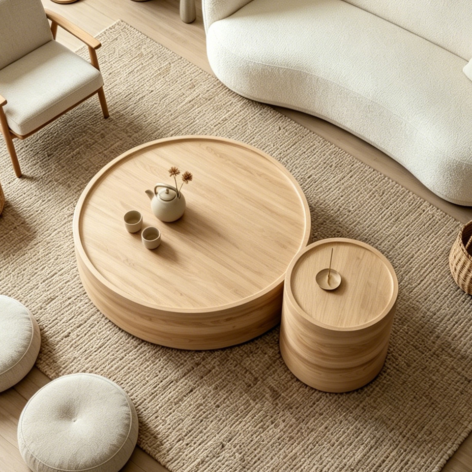 39.37″ Round Coffee Table Natural Wood Grain Modern Drum Circle No Assembly