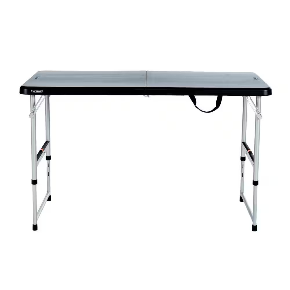 48 In. L Rectangle Black Resin Top Adjustable Fold-In-Half Table with Silver Fra