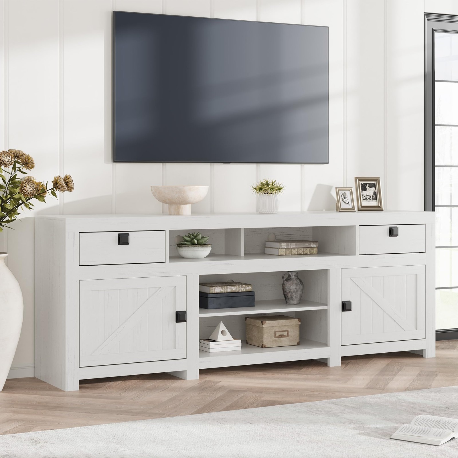 Farmhouse TV Stand for 80 in TVs, 70″ Wide Entertainment Center with 4 Drawers