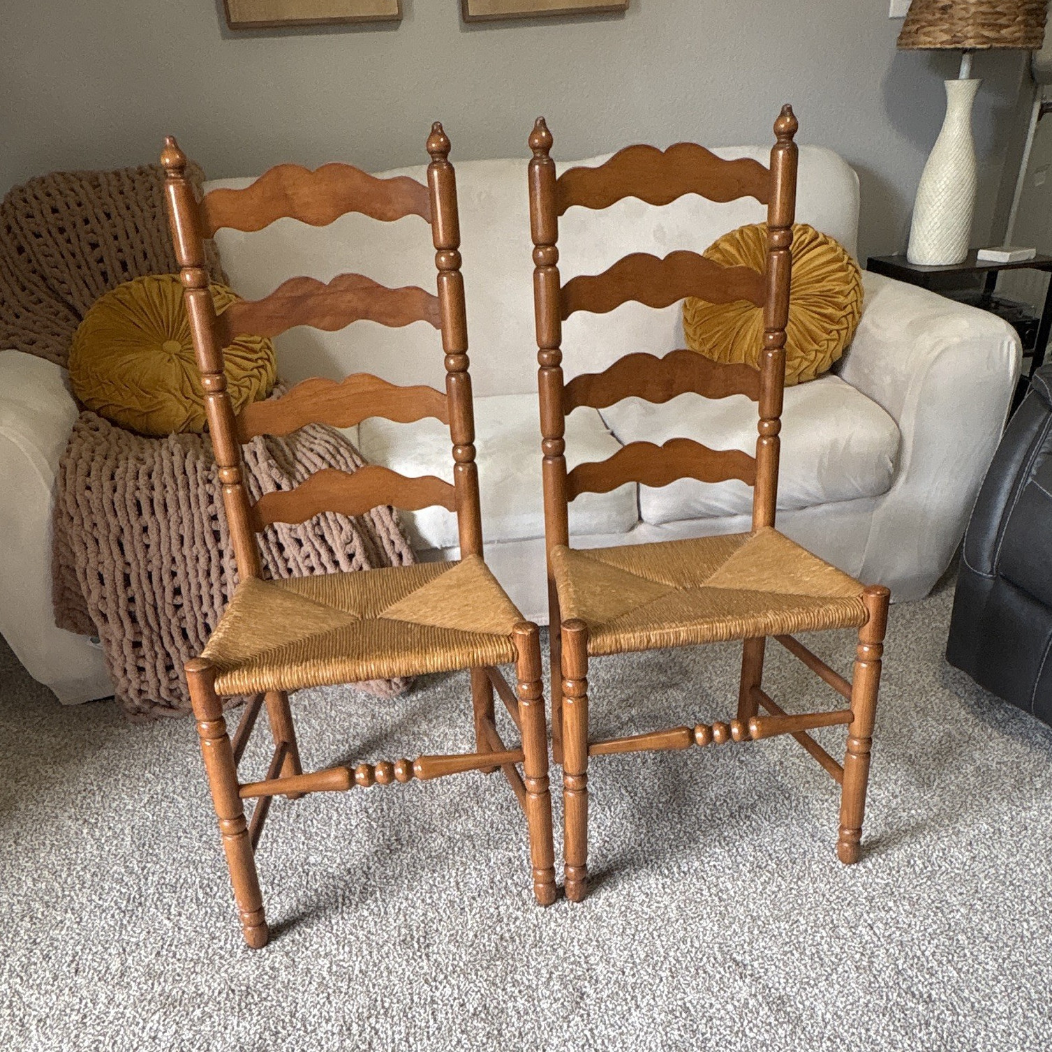 Set of 2 Antique Tell City Ladder-Back Dining Chairs, Woven Seats