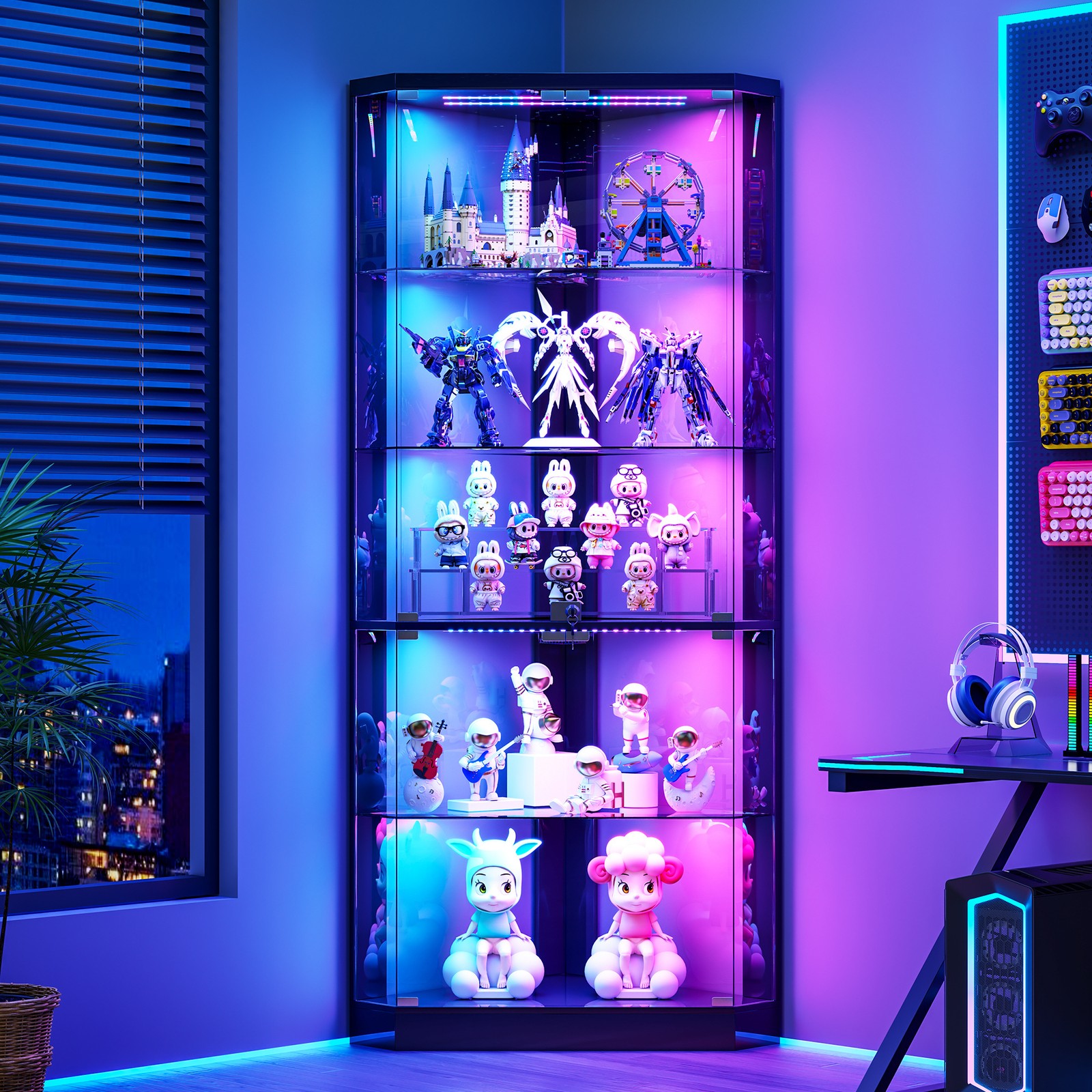 Gurexl Corner Display Cabinet with Glass Doors & RGB Lights for Figure/Trophy