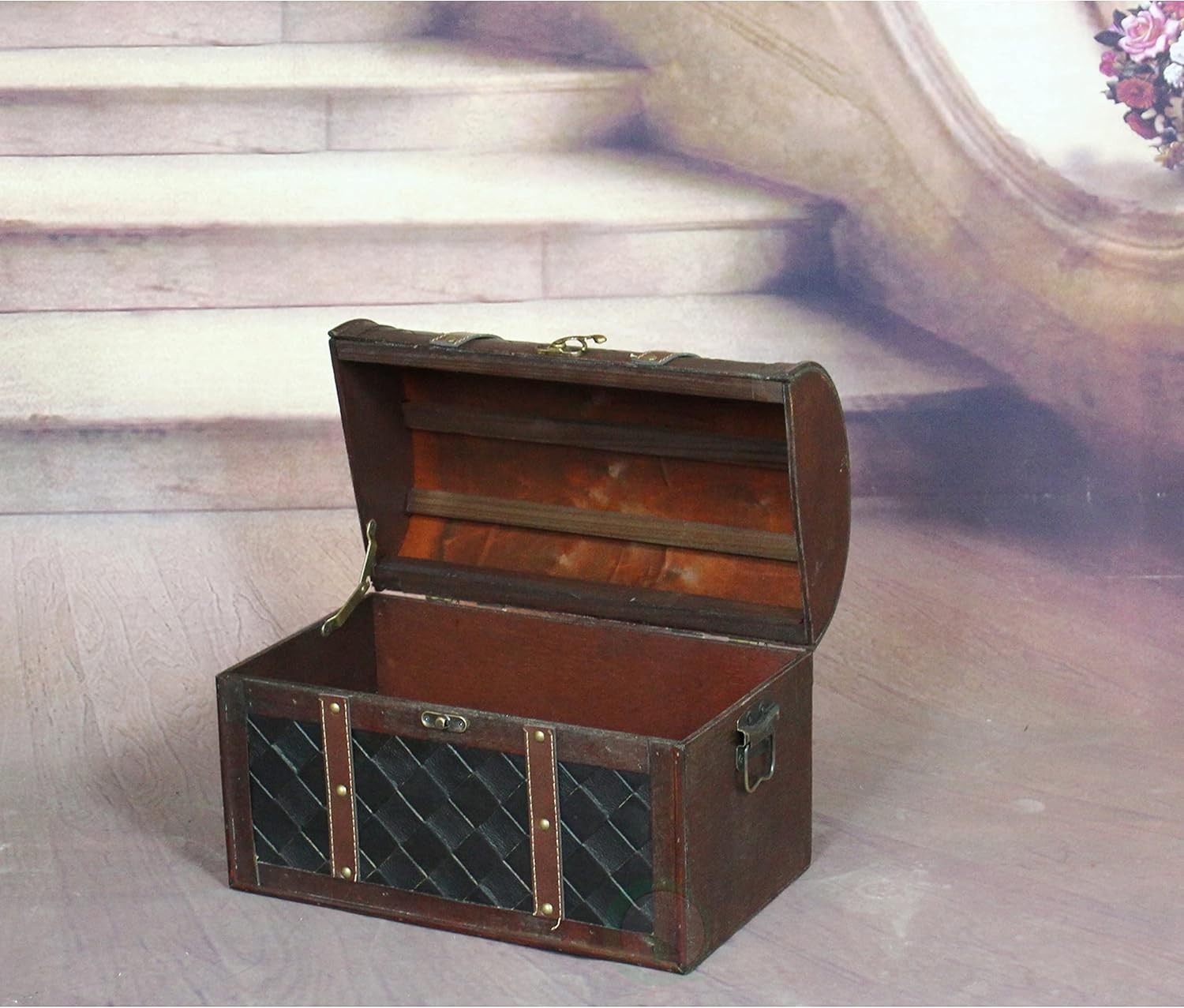 Wooden Leather Treasure Chest Vintage Trunk, Small Storage Chest, Mini Memory…