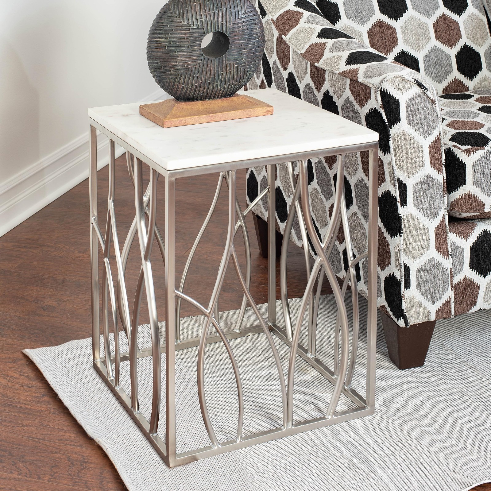Marble End Table with Stainless Steel Base – Modern Square Accent Table