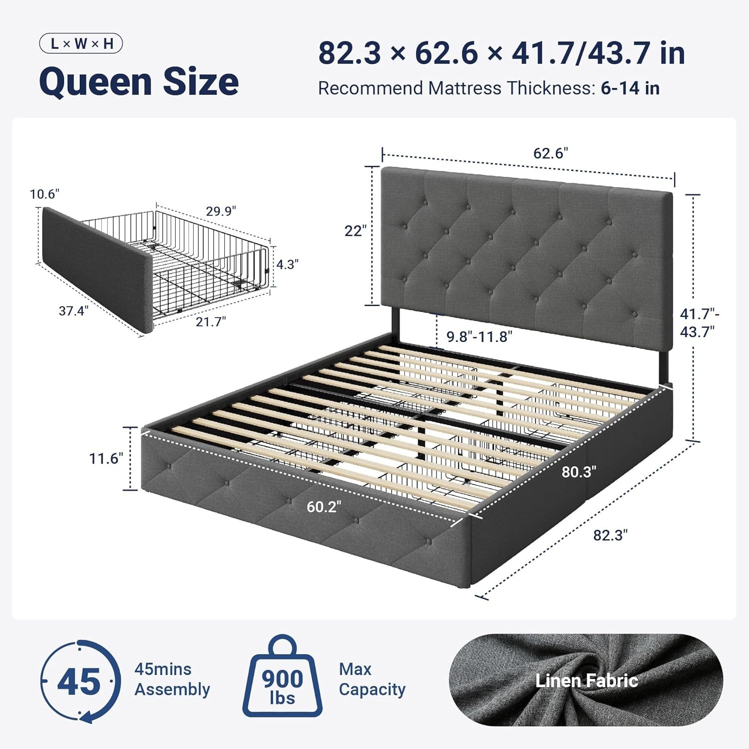 Upholstered Queen Size Platform Bed Frame with 4 Storage Drawers and Headboar…