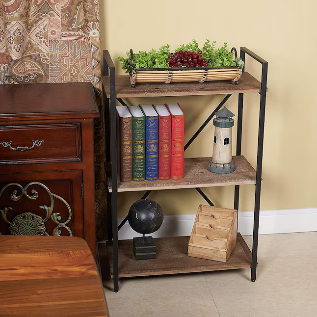 Black Metal 3 Tier Wood Shelf Bookcase ( 12.7-in W x 37-in H x 24.5-in D)