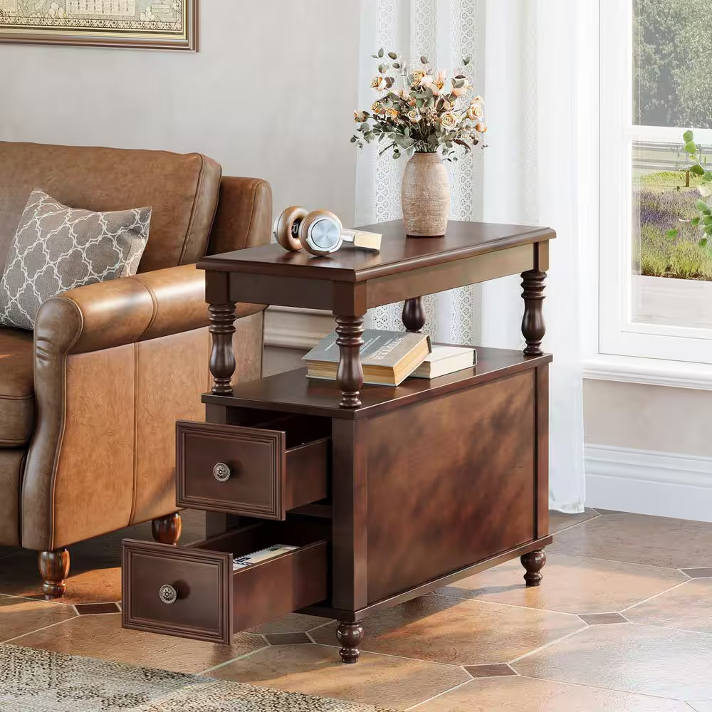 Kerlin 11.81In.W X 23.62In.D Vintage Brown Rectangle 2-Drawer Solid Wood End Tab