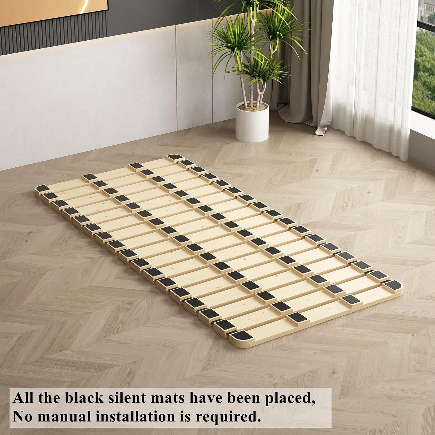 Foldable Floor Bed Frame, Breathable Wooden Roll-Up Slats Base for Japanese