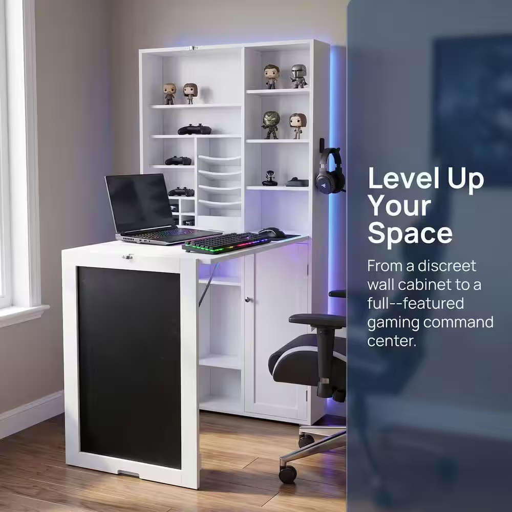 31 In. Rectangular White Floating Desk with Built-In Storage