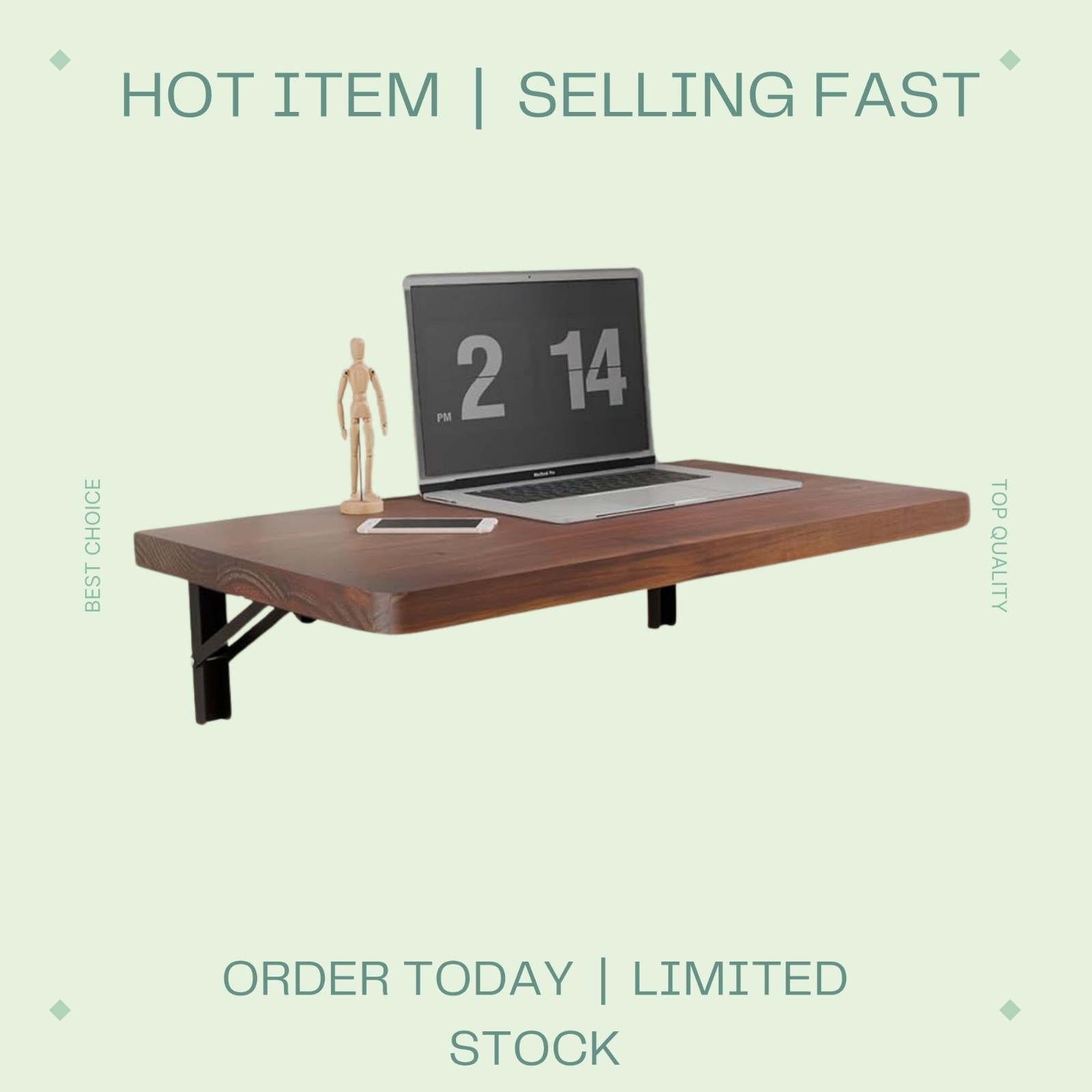 Wall Mounted Folding Table Pine Wood 24×14 Floating Wall Desk Fold Down Shelf Br