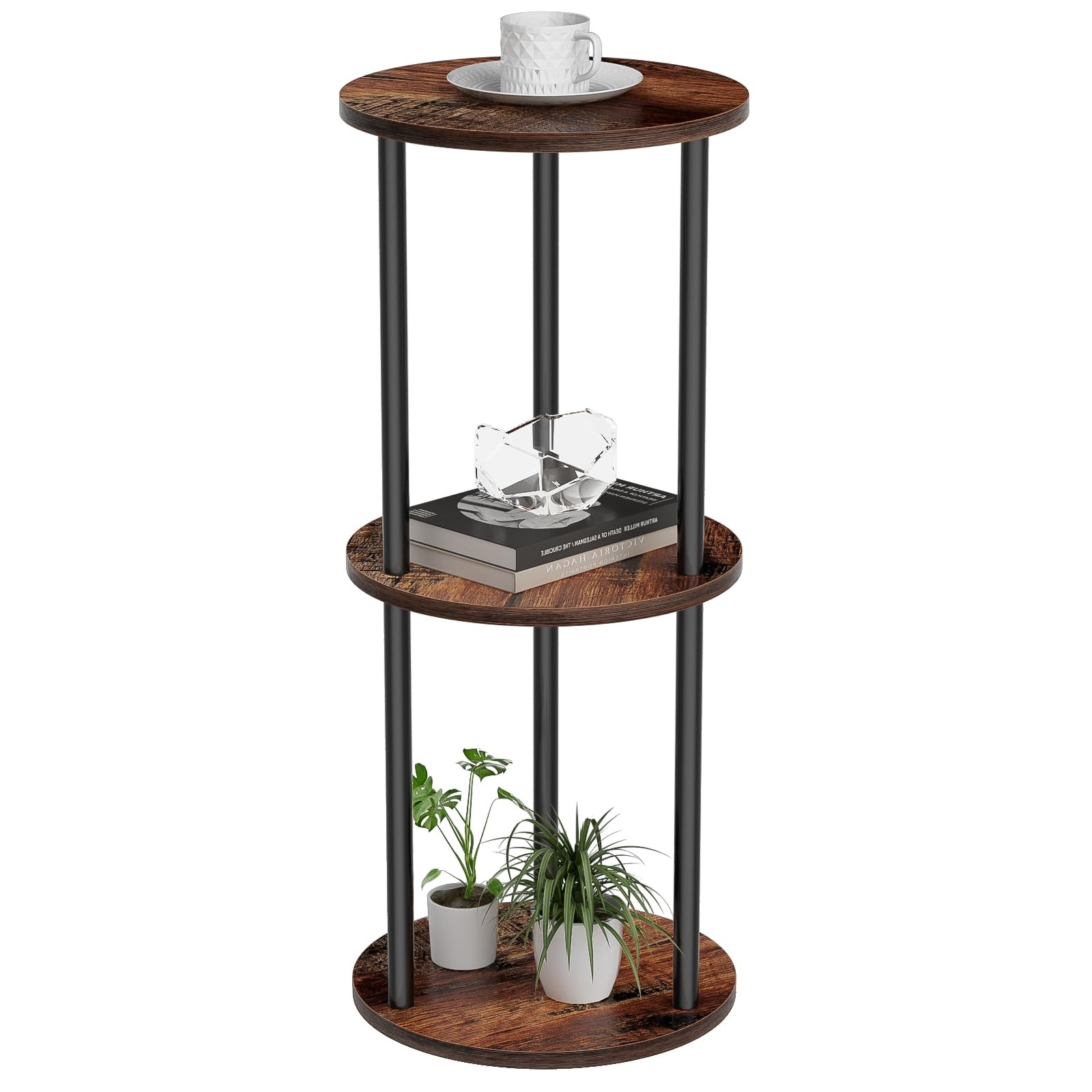 Round Drink Table 11.8 Inch Small 3-Tier Side Table Wood Legs Brown Desk