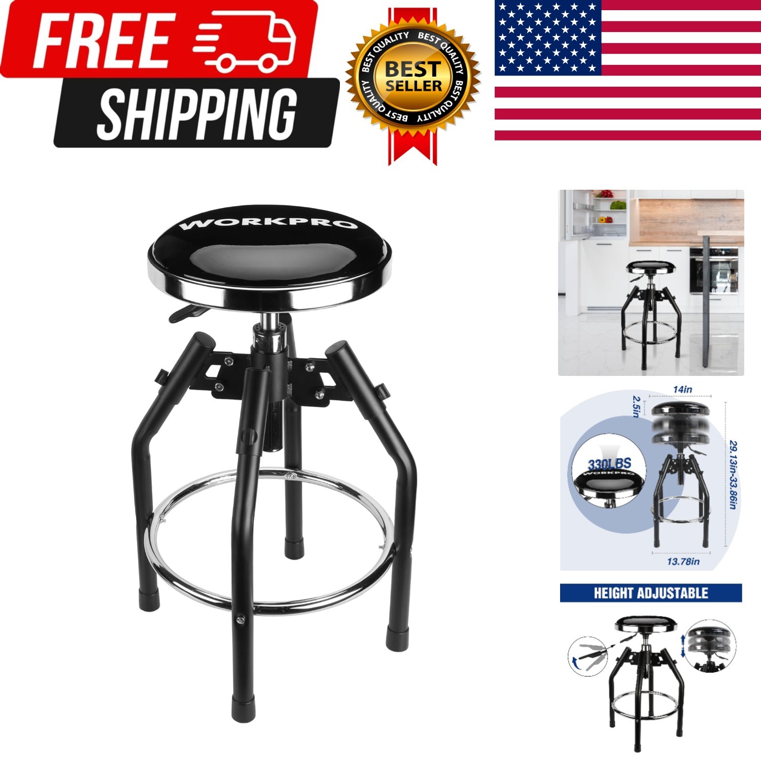 Heavy Duty Adjustable Hydraulic Shop Stool,Garage Bar Stool, 29in to 33.86in,…