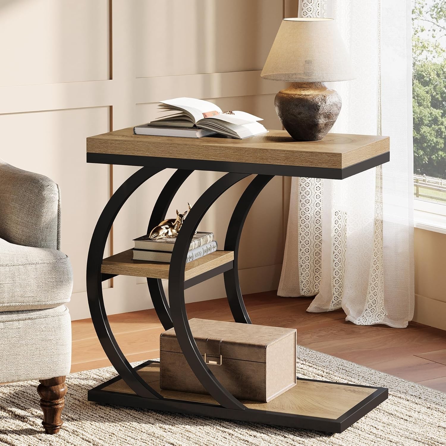 3-Tier C-Shaped End Table Industrial Narrow Wood Couch Side Table for LivingRoom