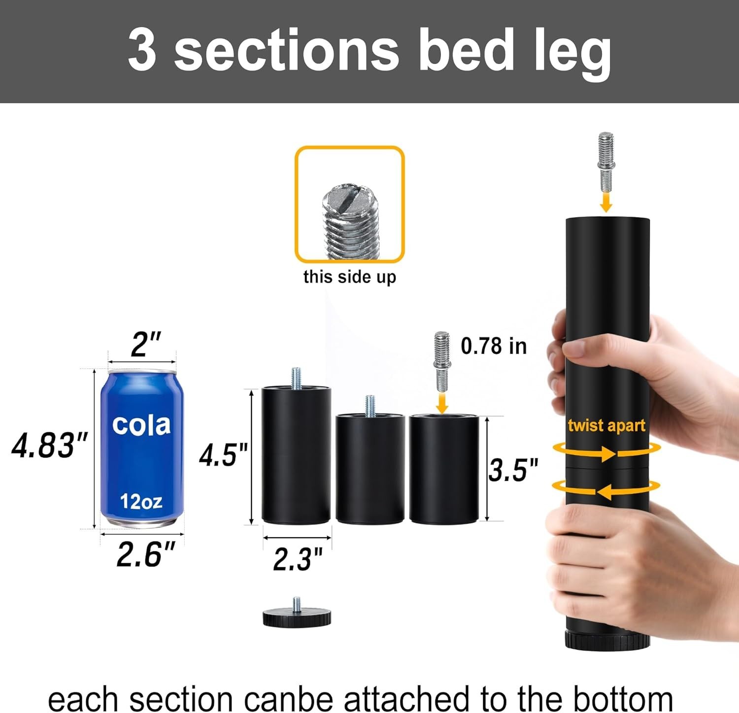 Adjustable Bed Legs Replacement for Base Frame, 4 Kind Threads 12″ 3-in-1 Legs