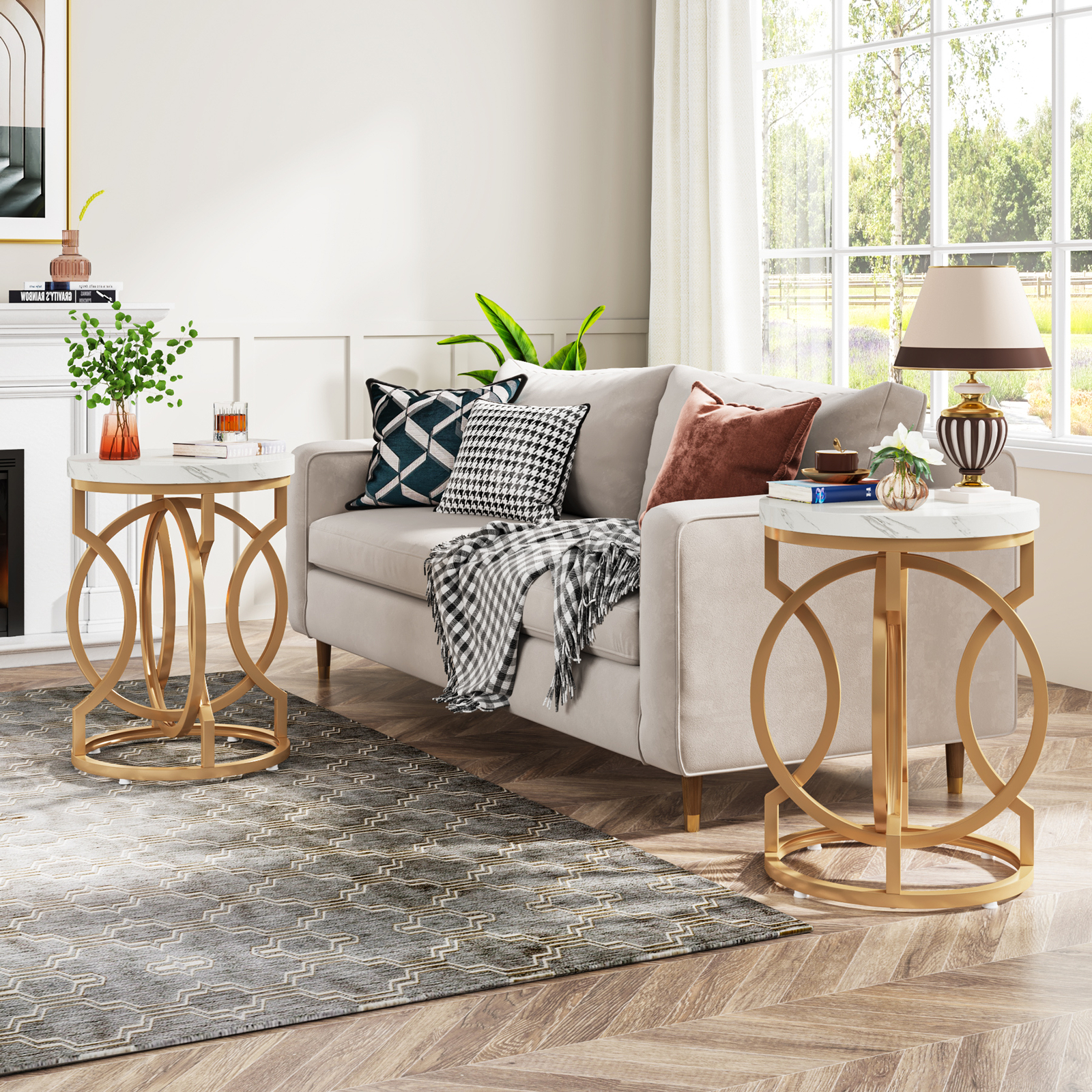 20″ White Gold Faux Marble Round Side End Table for Living Room Accent Table