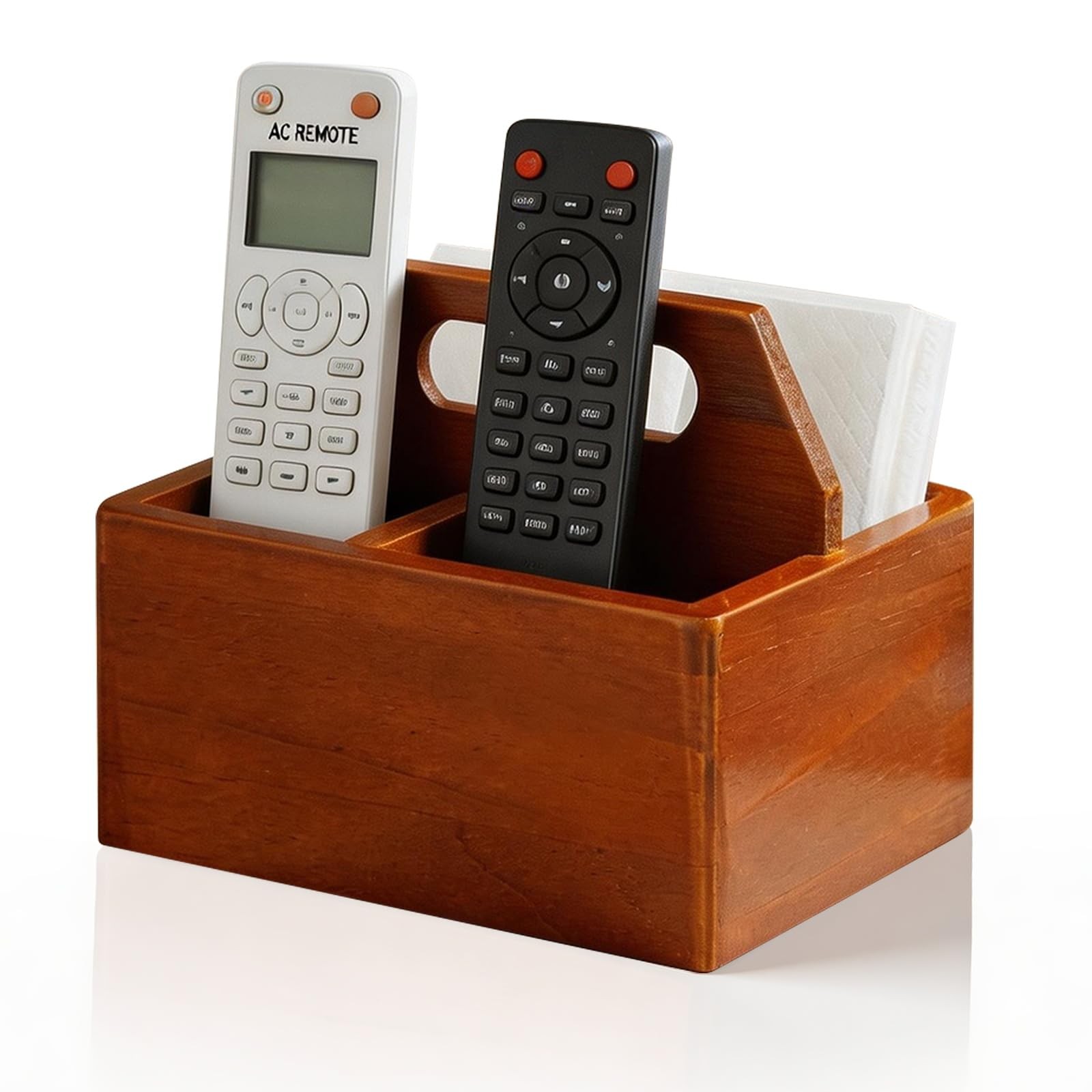 Acacia Wood Remote Control Holder with Handle, Desk Organizer with 3 Compartm…