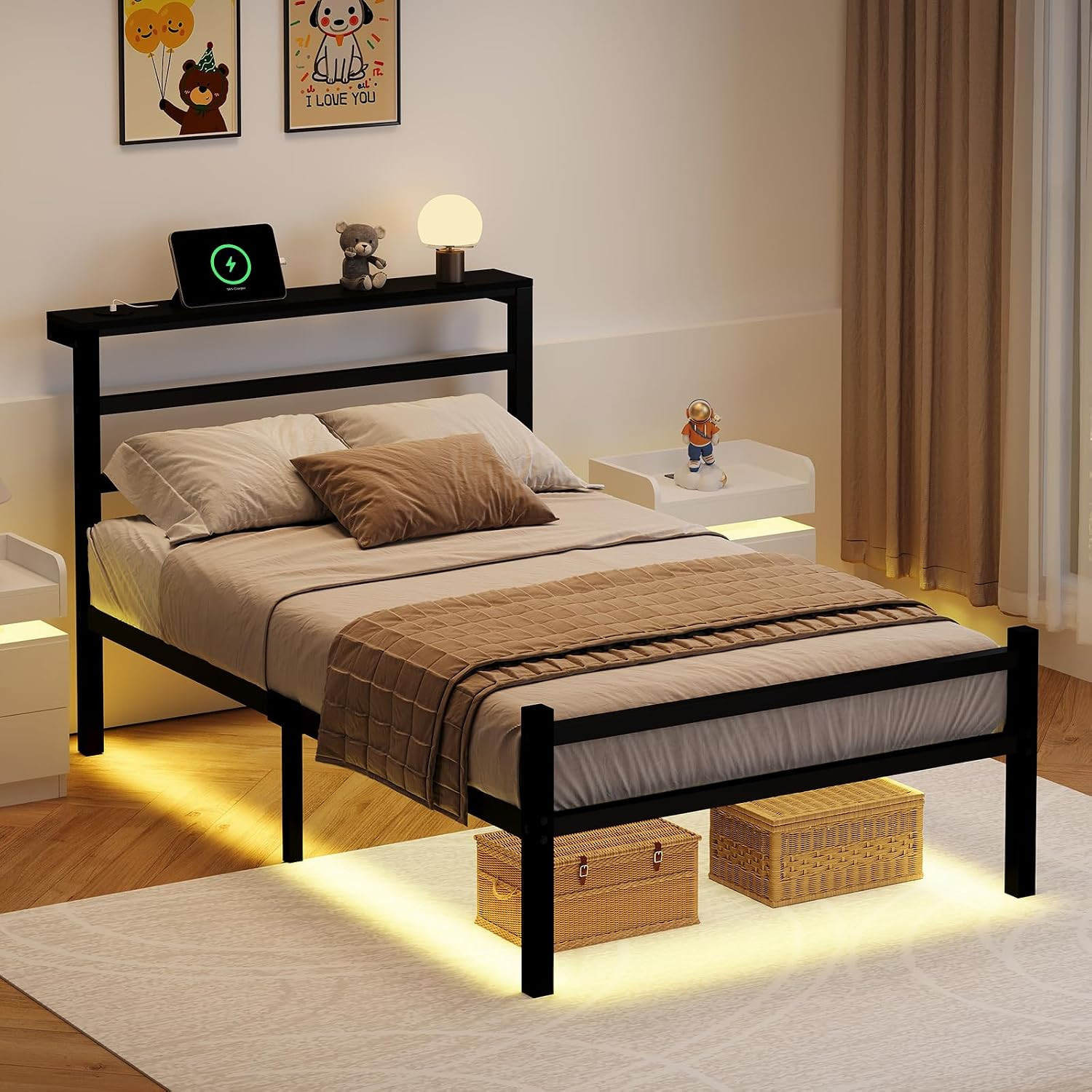 Twin Bed Frames for Kids, Metal Platform Bed Frame Twin Size with Charging Stati