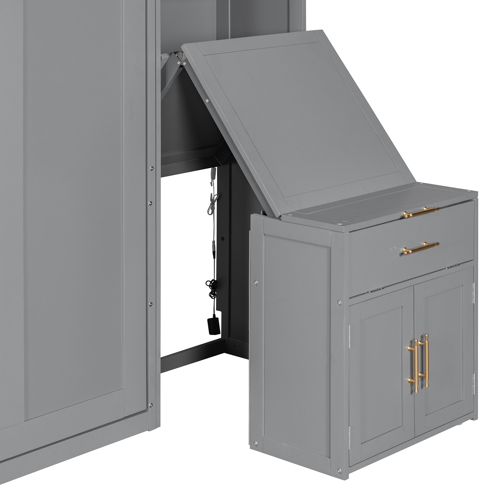 Full Size Murphy Bed with Desk & Storage Cabinets LED Light Wood Murphy Wall Bed