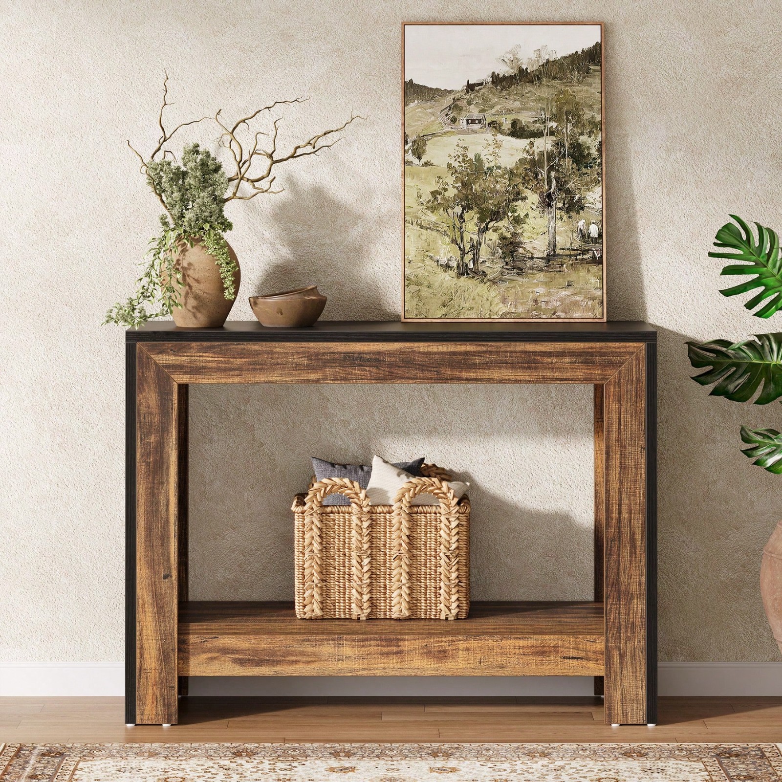 41.3″ Farmhouse Console Table Behind Couch Sofa Accent Table Black Brown Wooden