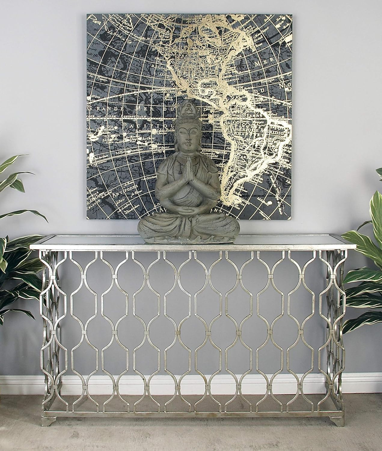 Stylish Silver Metal Geometric Console Table with Mirrored Glass Top, 55