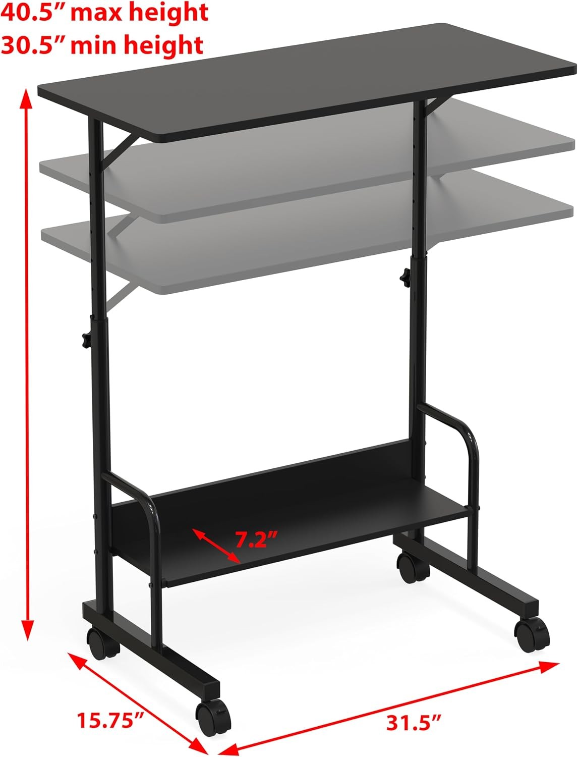 Height Adjustable Mobile Standing Desk Laptop Workstation, 30.5″ to 40.5″