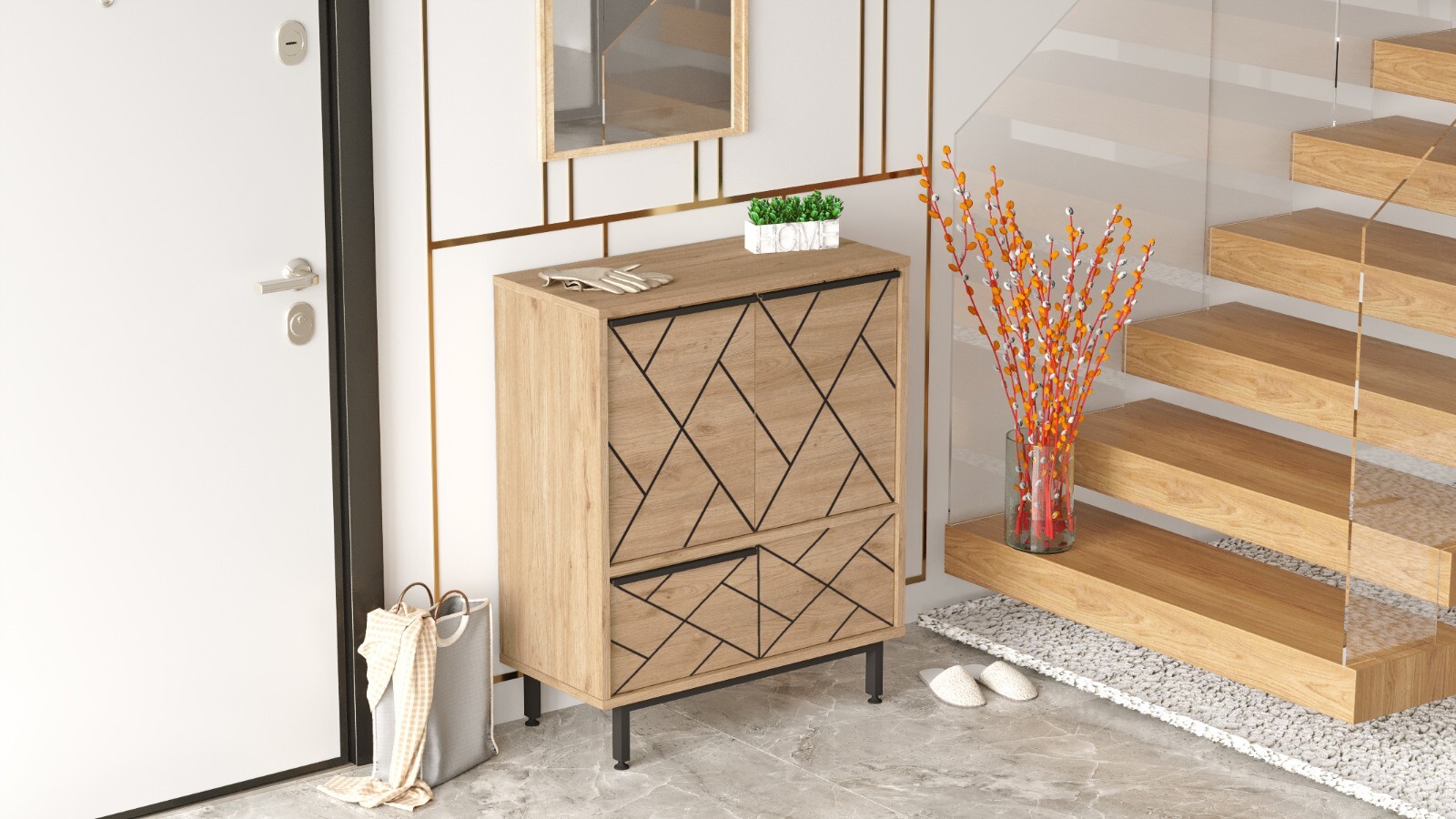 Ocean Double Sideboard Table and Storage with 3 Doors and Metal Legs, OAK Color