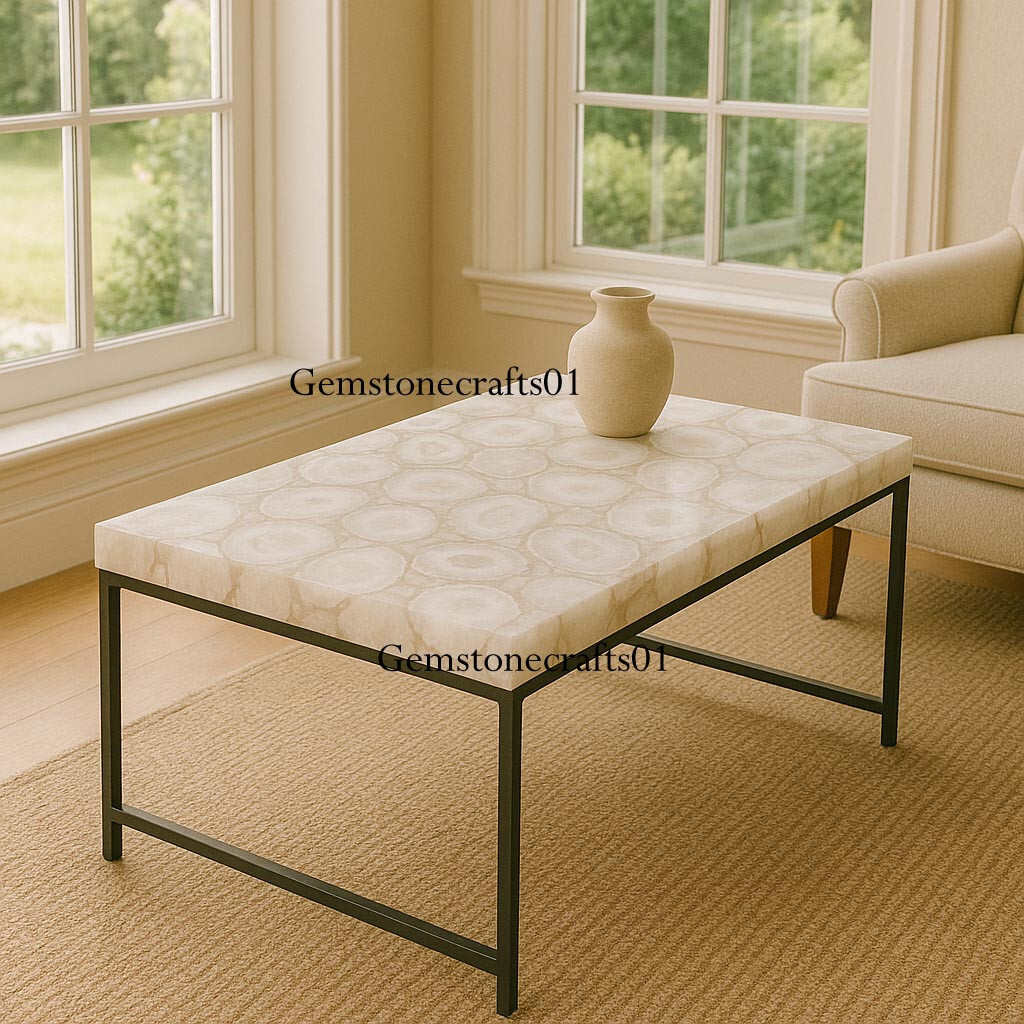 White Agate Coffee Table Top – Luxury Agate Geode Center Patio Room Table Top