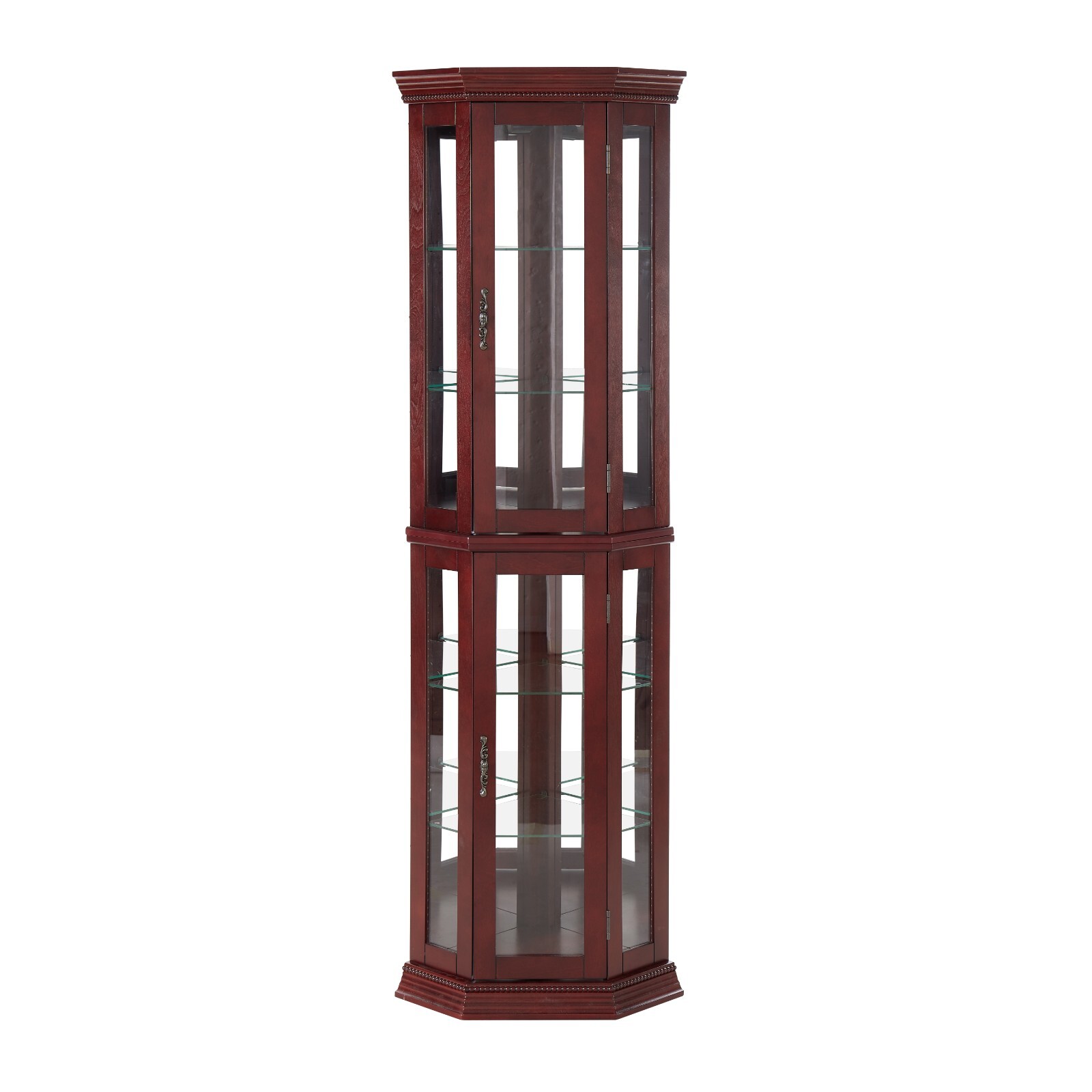 70 Inch Corner Display Cabinet w/ lights, Tempered Glass, Mirrored Back, Cherry