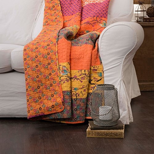 – Throw, Super Soft Reversible Quilted Blanket, Bohemian Bedding, Tangerine