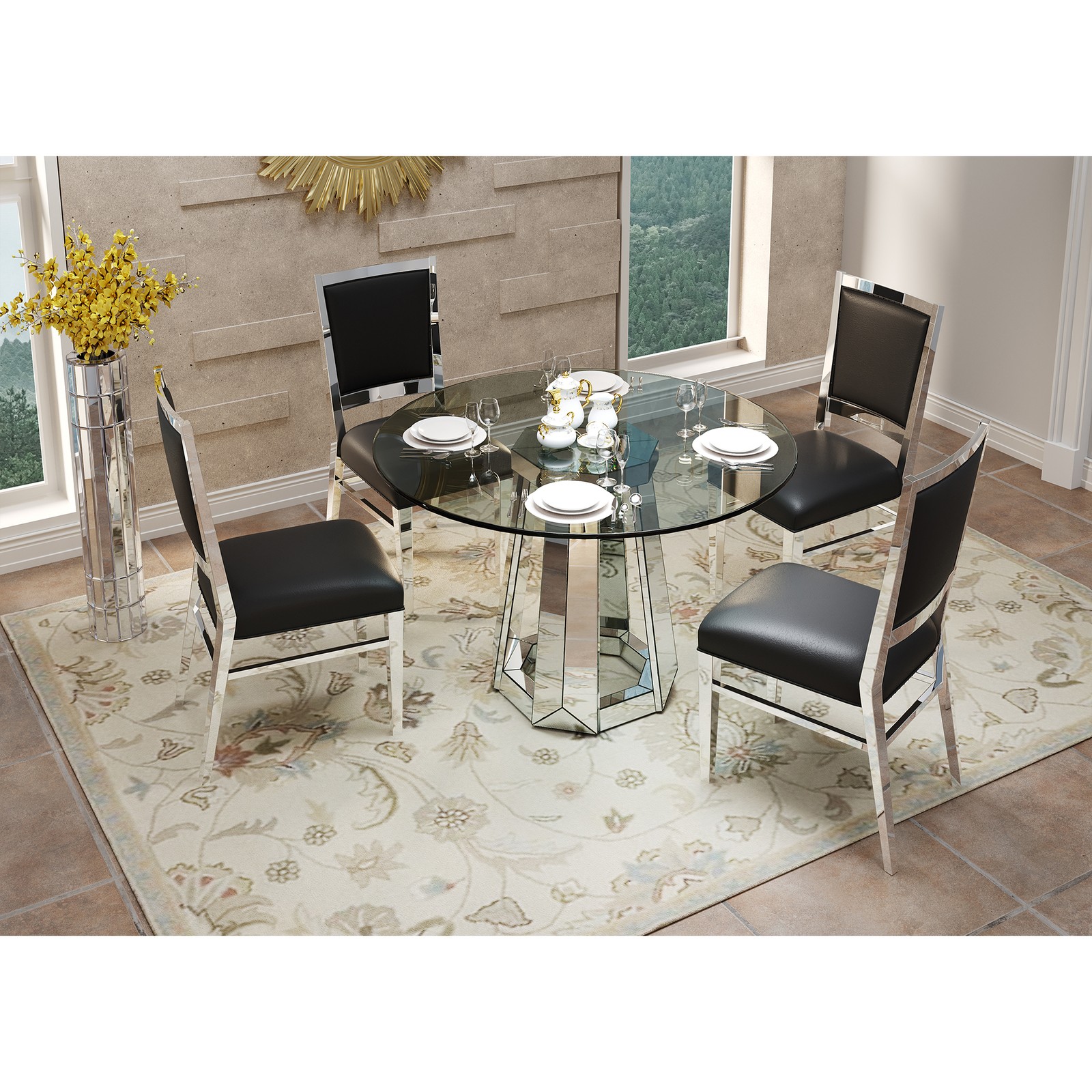 Modern Round Tempered Glass Dining Table with Mirror Base