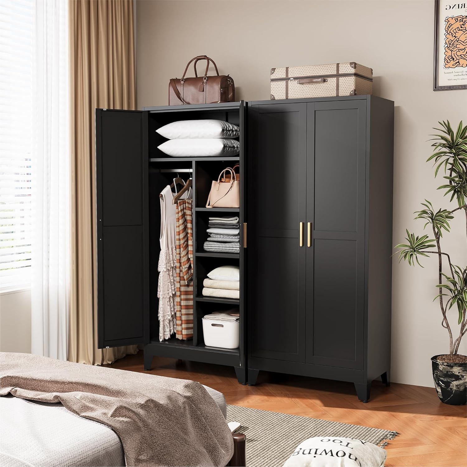 Metal Armoire Wardrobe Closet with Hanging Rod,71” Metal File Wardrobe Cabinet