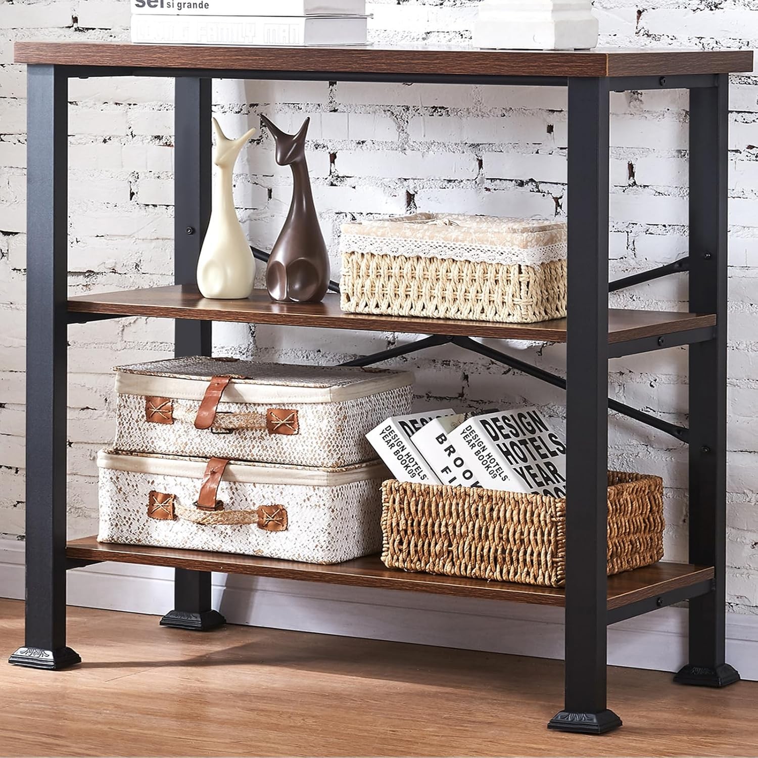 3 Tier Bookshelf,Rustic Brown Industrial Book Shelf,Engineered Wood & Metal Deep