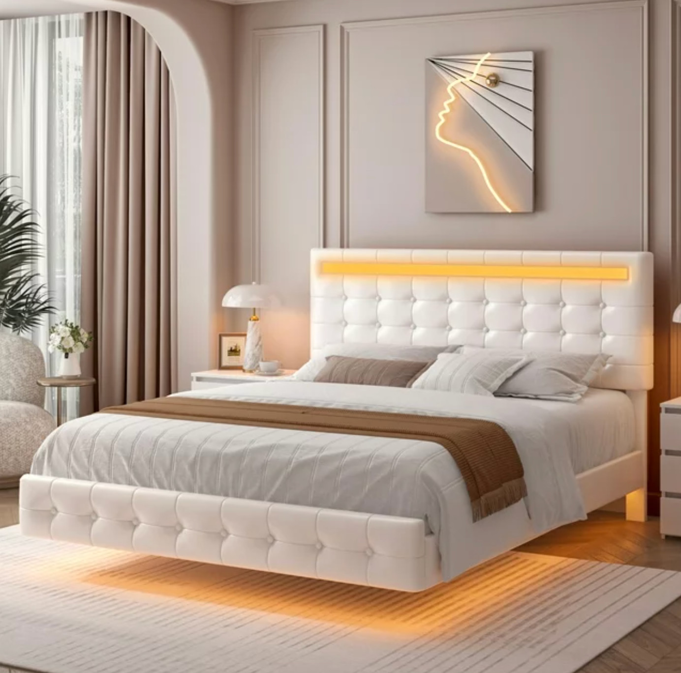 Platform Bed Frame Full Size Floating Base Adjustable Headboard for Kids Teens