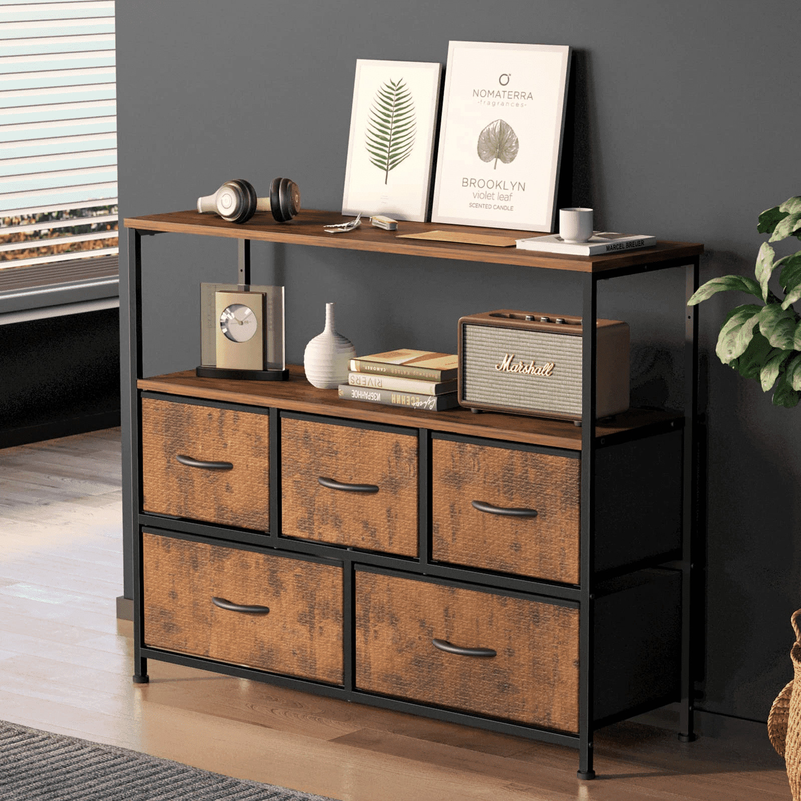 Concetta TV Stand Entertainment Center Dresser with 5 Soft-Close Fabric Drawers