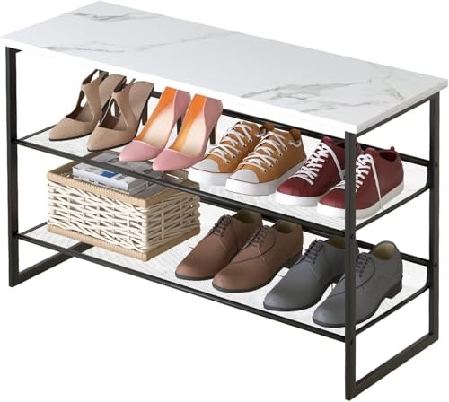 3 Tiers White Marble Shoe Rack,Freestanding Organizer 3-Tiers Marble White