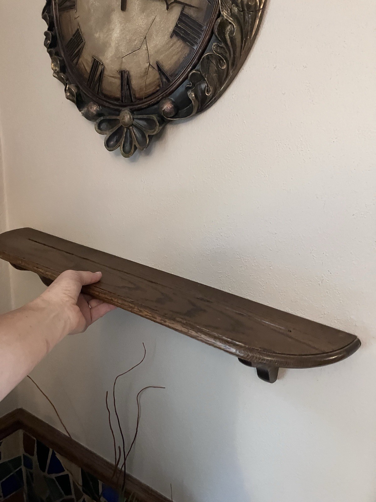 Vintage Walnut Stain Wood Floating Wall Shelf Plate Groove 27” Cottage Decor