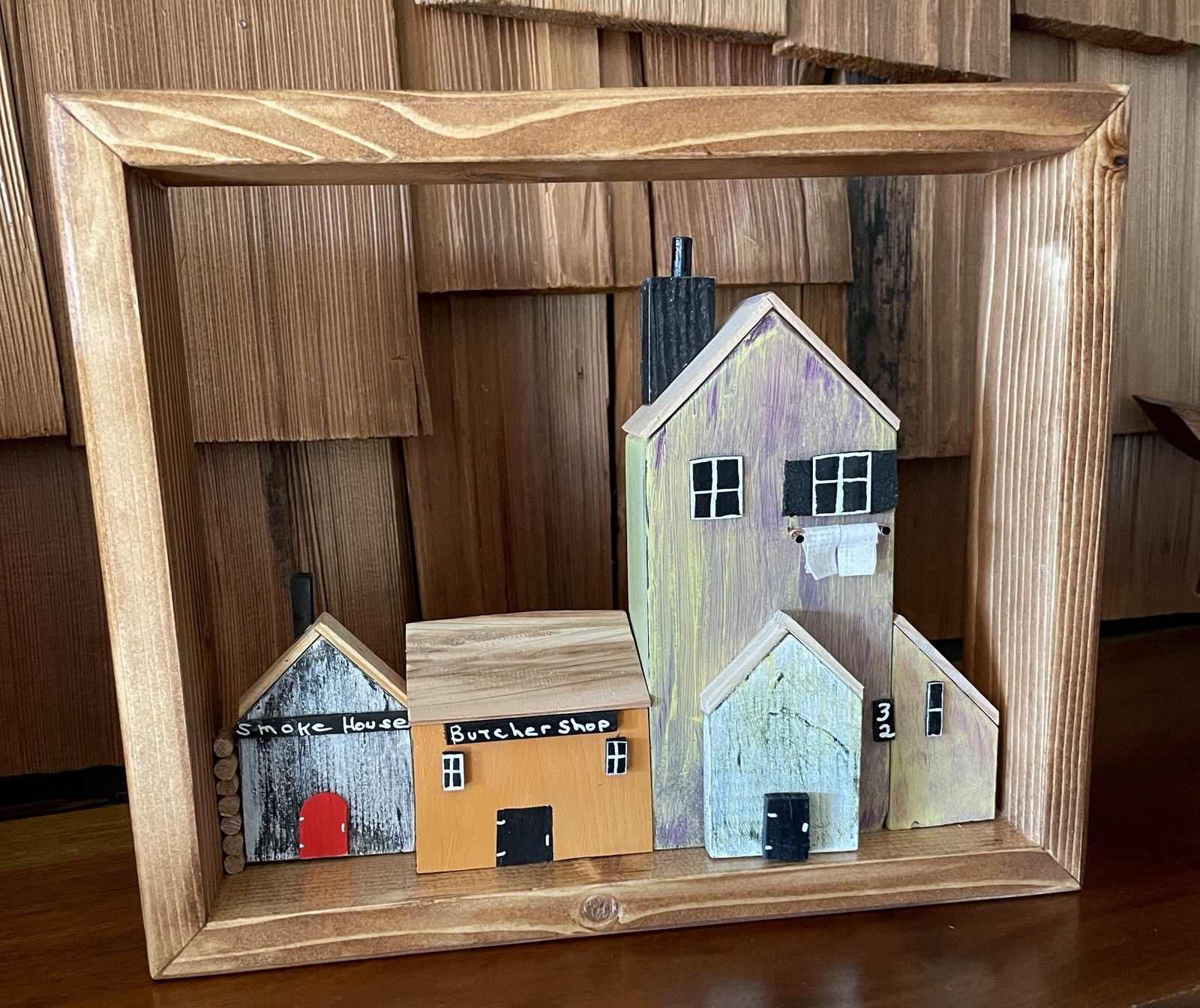 Rustic Tiny House Village In a Wall Frame / Shelf for your enjoyment