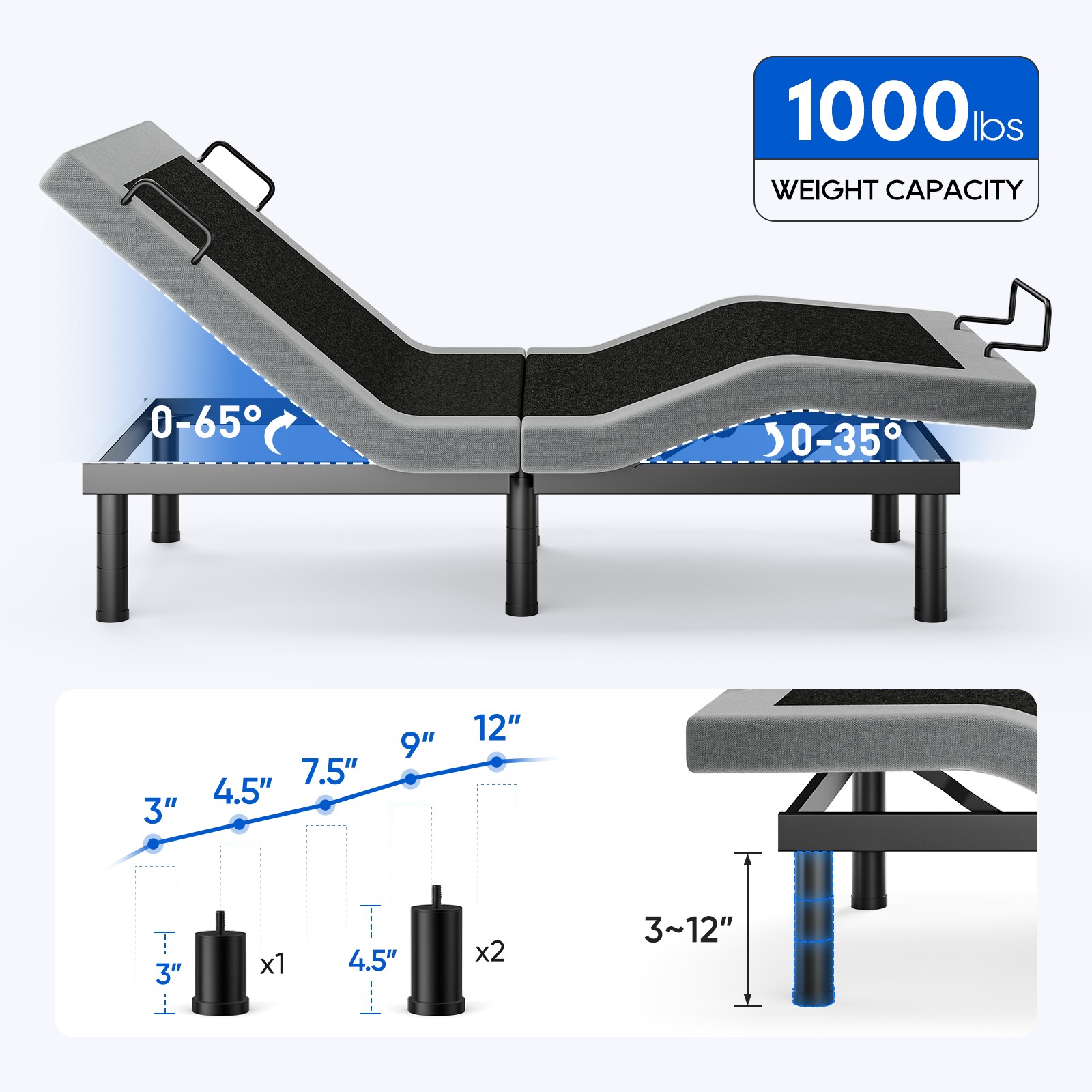 Adjustable Bed Frame Wireless Remote Electric Massage Full Queen King TXL Size