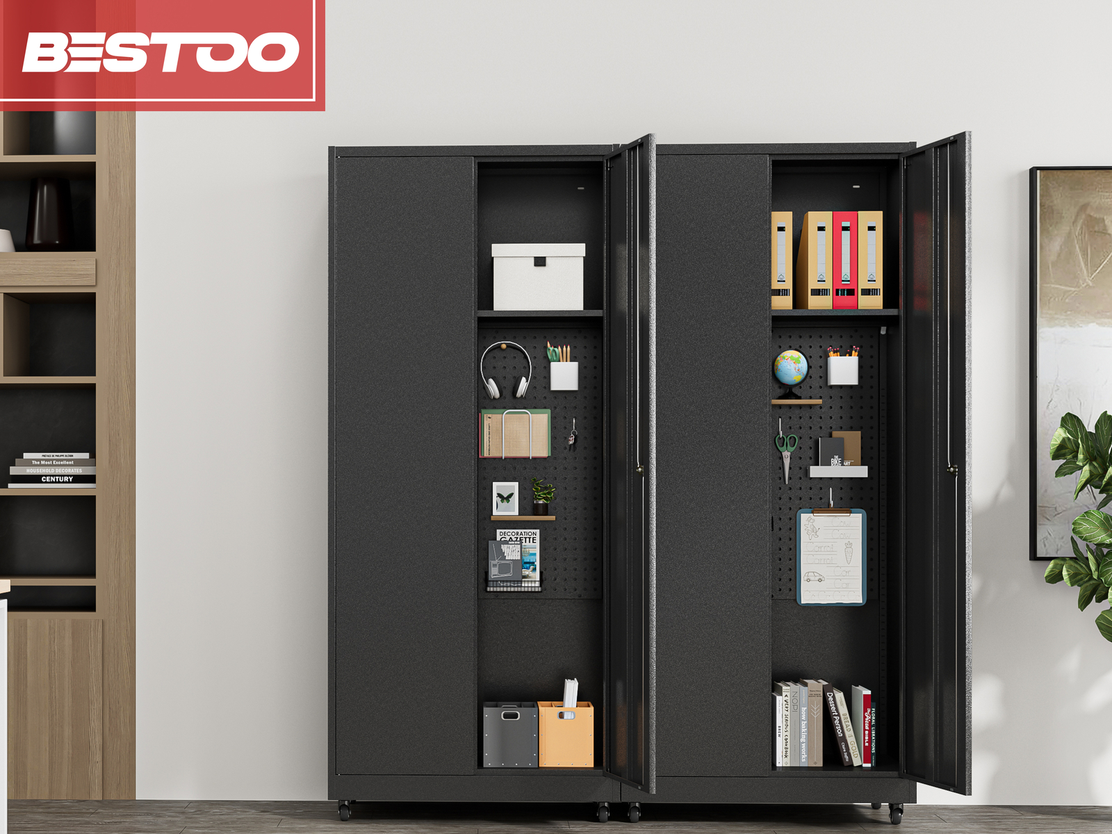 Metal Garage Cabinet, Broom Closet Storage Cabinet with Adjustable Shelves