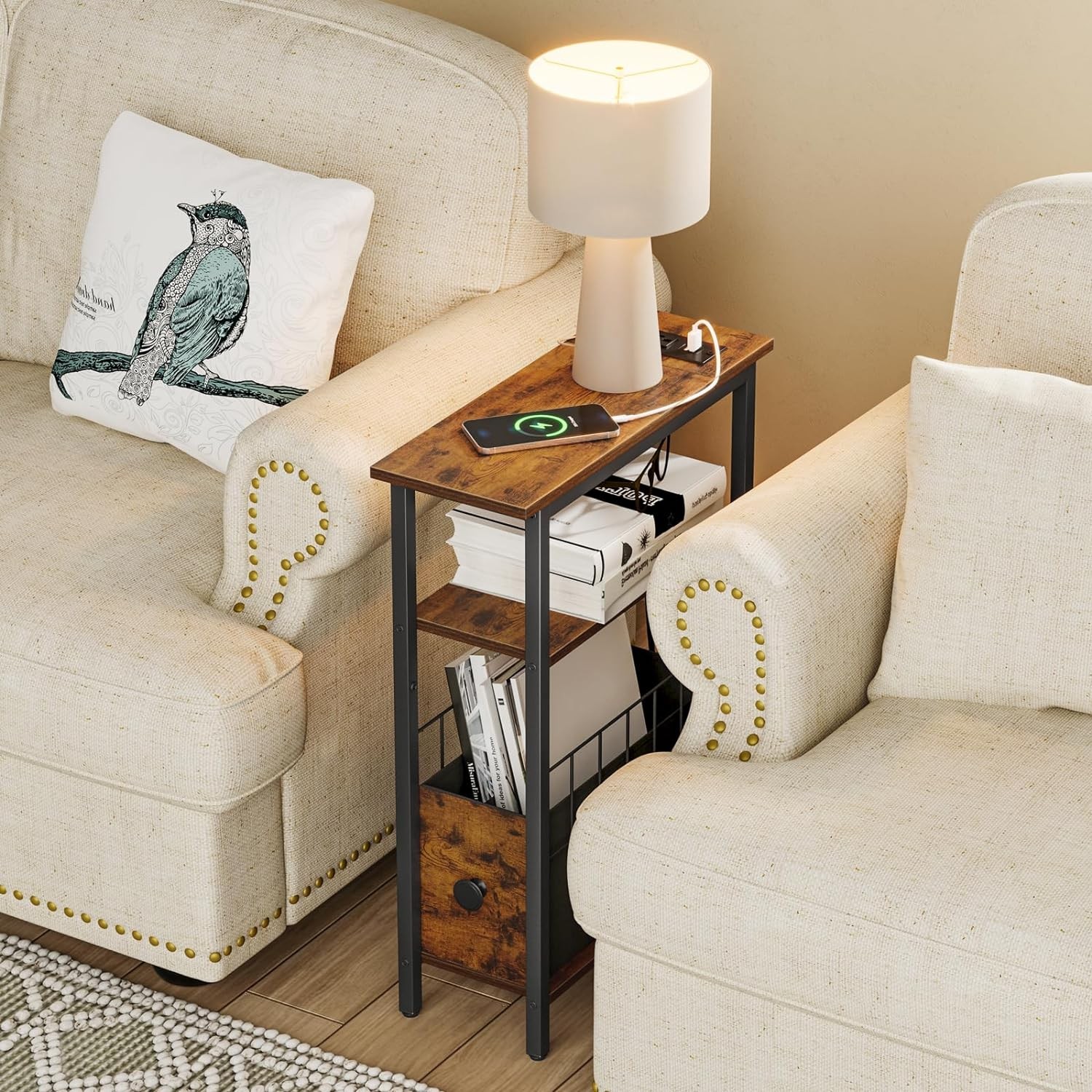 Slim End Table with Charging Station, Narrow Nightstand with Drawer