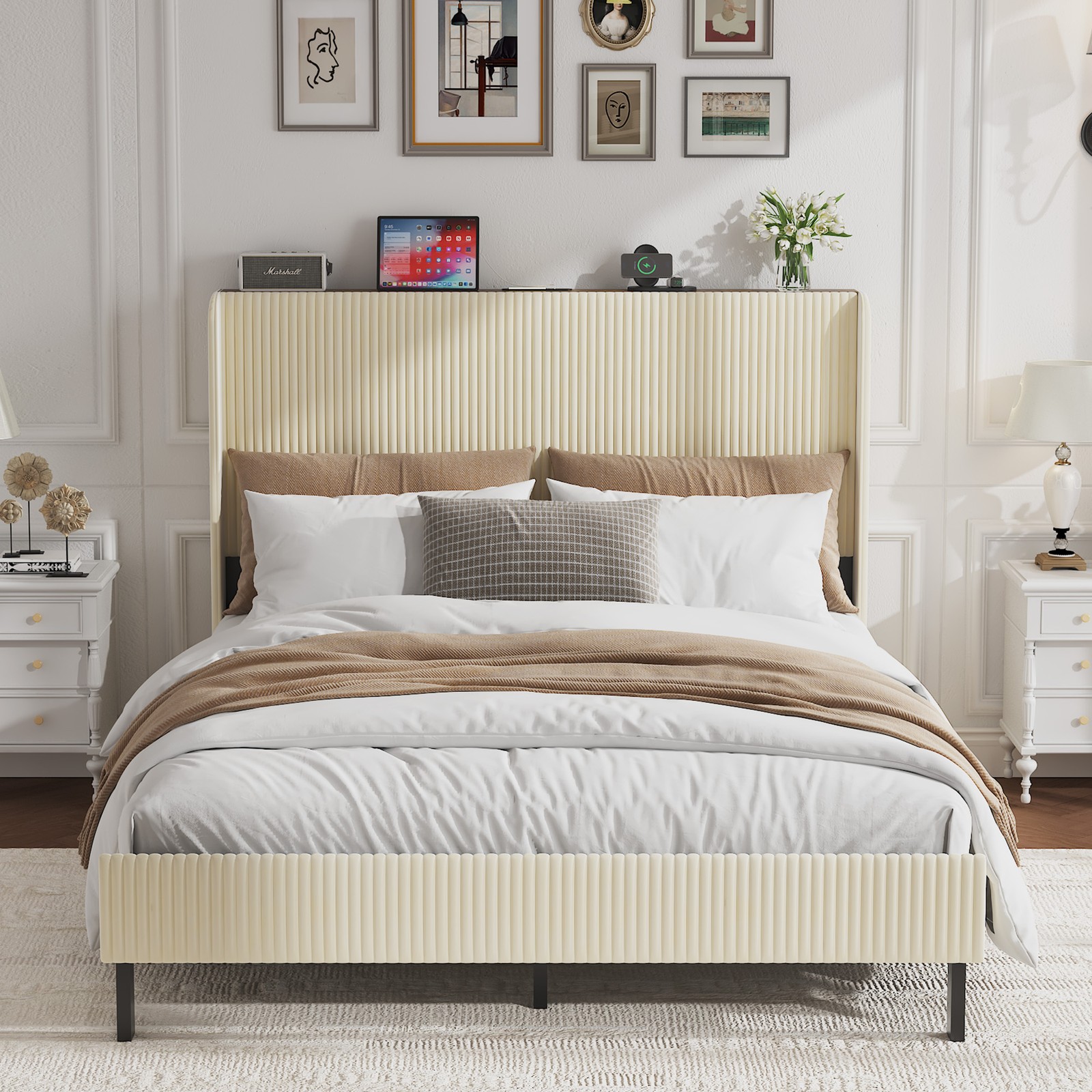 Queen Size Platform Bed ,Metal Bed Frame with Charging Station for Bedroom Beige