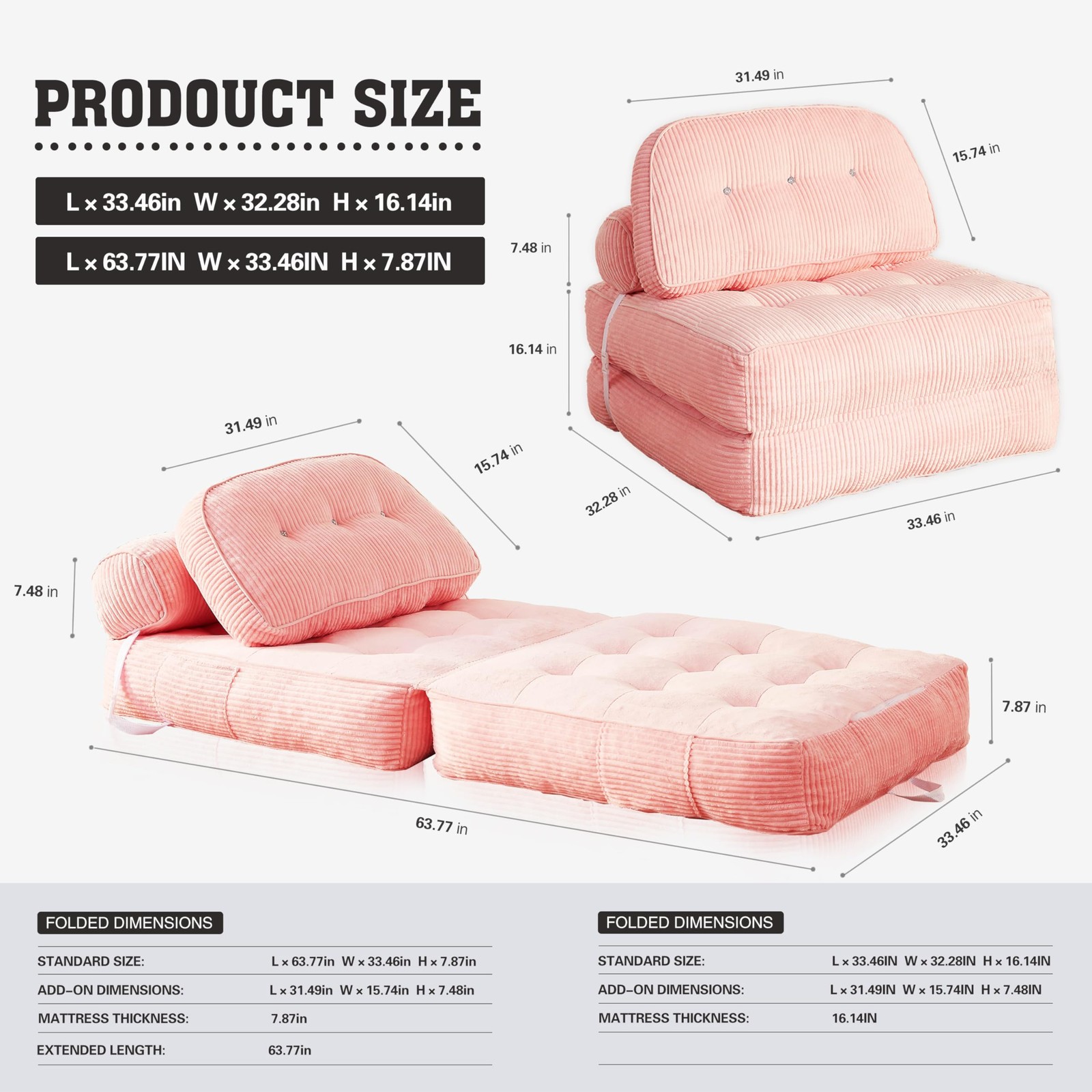 Folding Futon Sleeper Sofa Bed Chair, No Assembly, Pink 5 | Dual-layer flannel