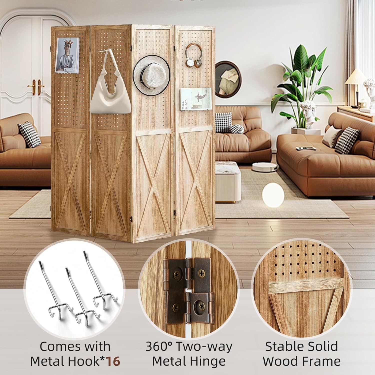 Pegboard Display 4 Panel Room Divider, Peg Board Divider Panel, 5.6Ft Wood