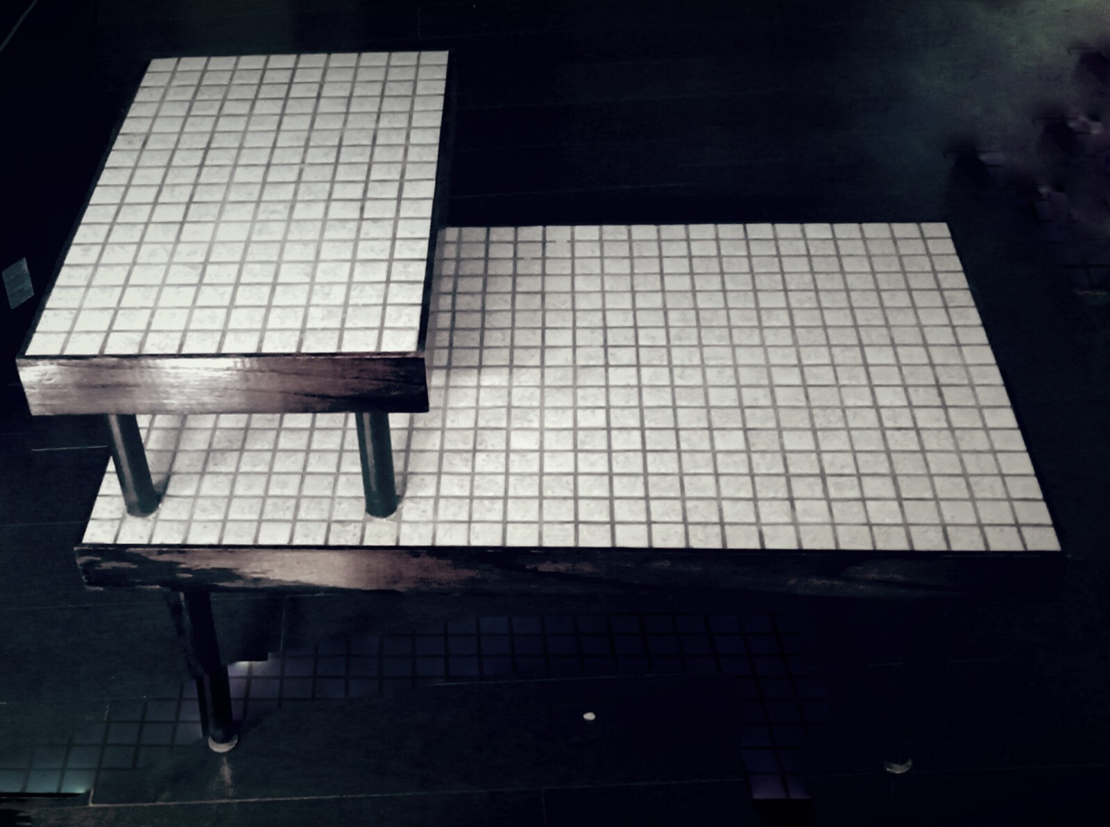 Vintage Handmade Dark Brown End Table With White Ceramic Tile Inlay