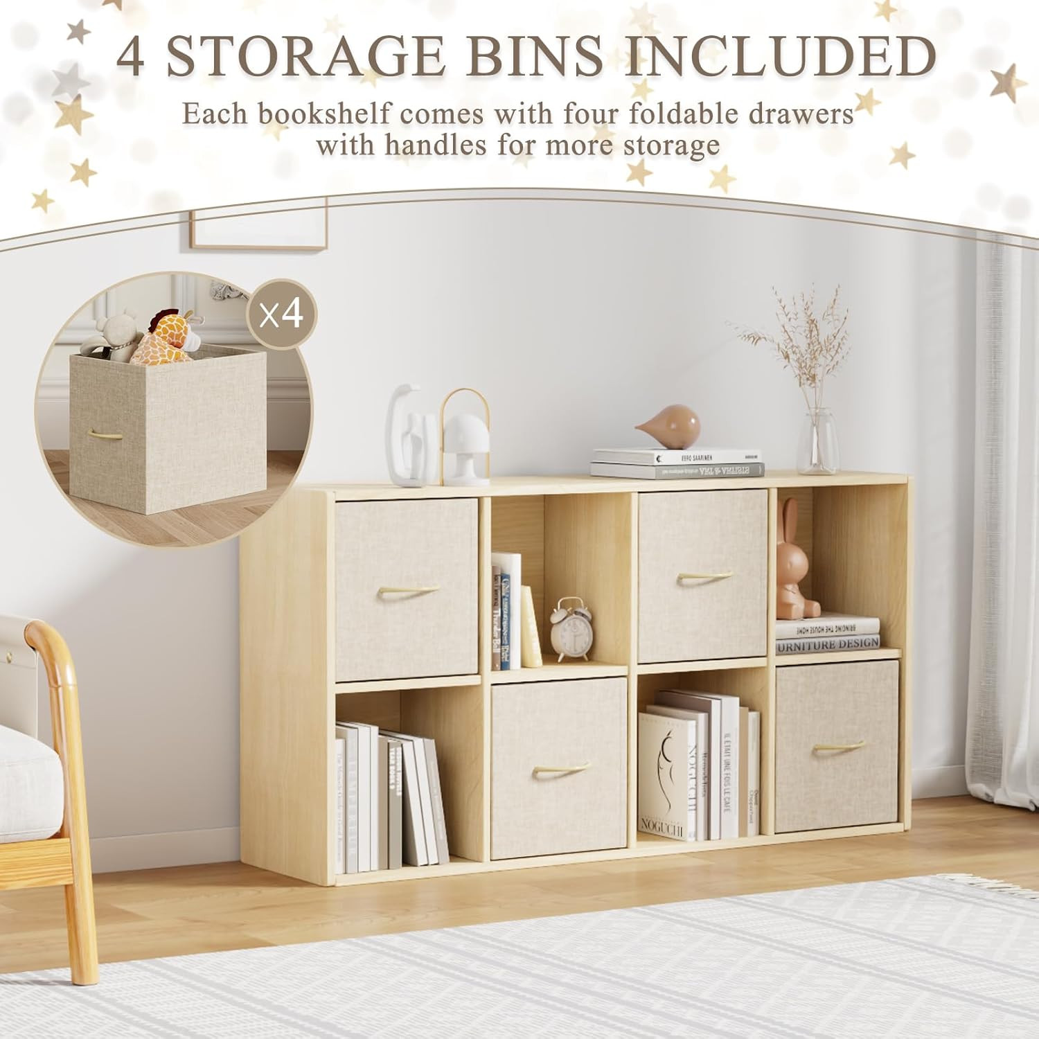 8 Cube Storage Organizer – Solid Wood Bookshelf with 4 Storage Bins, Cube Shelf